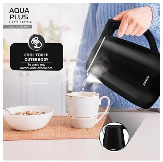Havells hot water Electric Kettle Aqua Plus 1250 Watts 1.2 liters , Double Layered Cool Touch Outer Body