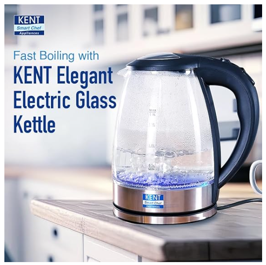 KENT Elegant Electric Glass Kettle (16052), 1.8L, Stainless Steel Heating Plate, Borosilicate Glass Body, Boil Drying Protection