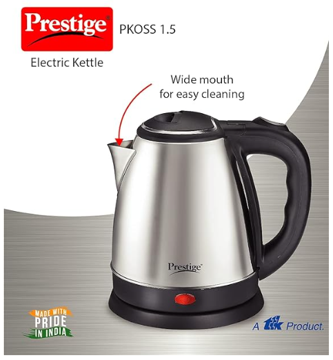 Prestige 1.5 Litres Hot water Electric Kettle (PKOSS 1.5)|1500W | Silver - Black| Automatic Cut-off | Stainless Steel