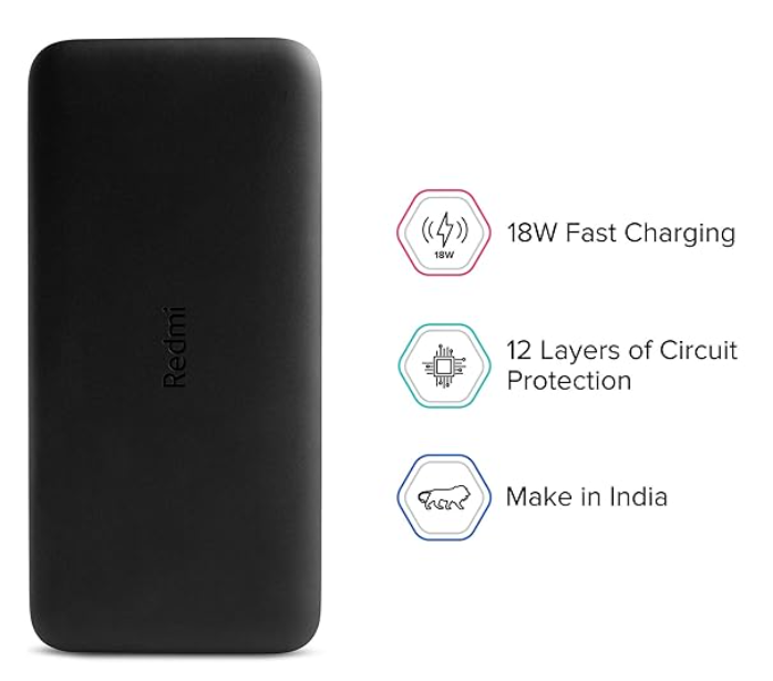 Redmi 20000mAh Li-Polymer Power Bank, USB Type C and Micro USB Ports, 18W Fast Charging